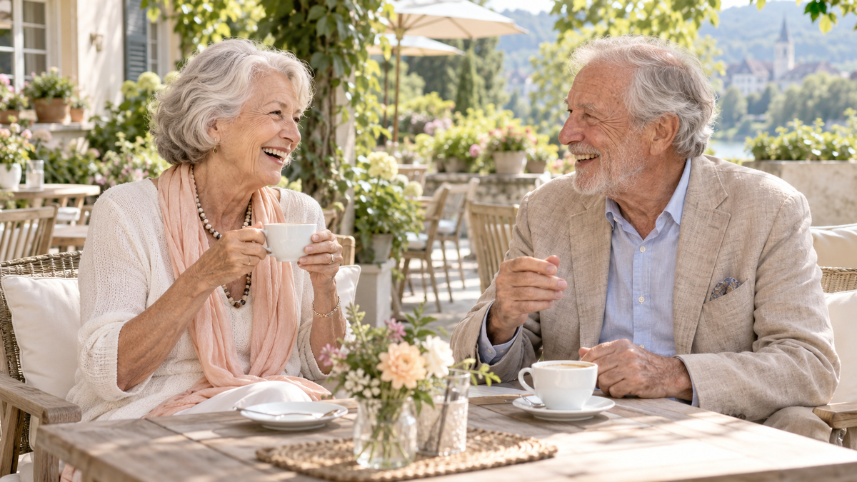 Ältere Frau und älterer Mann lachen gemeinsam bei Kaffee auf einer hellen Gartenterrasse.