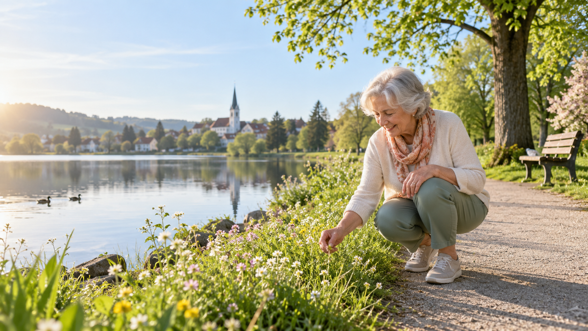 Ältere Frau betrachtet Wildblumen an einem gut begehbaren Weg neben einem ruhigen See.
