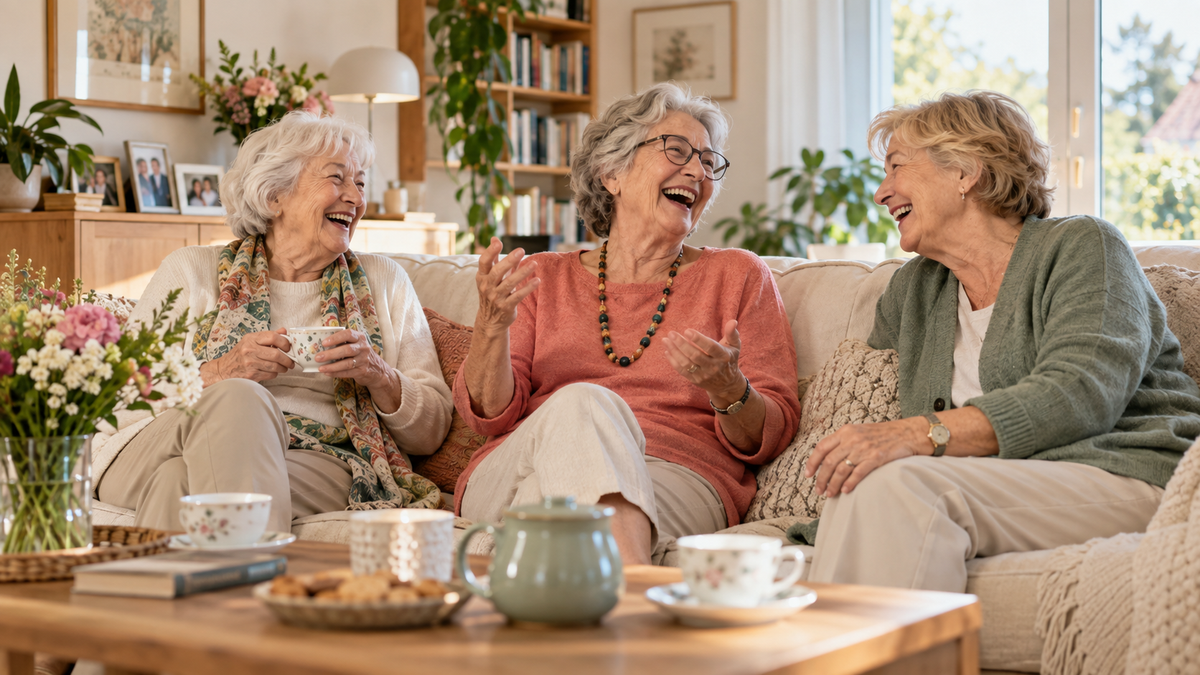 Drei ältere Freundinnen lachen gemeinsam bei Tee in einem hellen, wohnlichen Wohnzimmer.